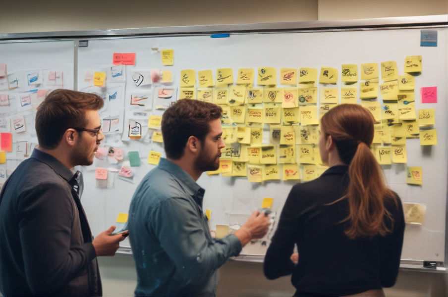 Marketers huddle around screens, brainstorming. Post-its with hashtag ideas adorn a whiteboard.