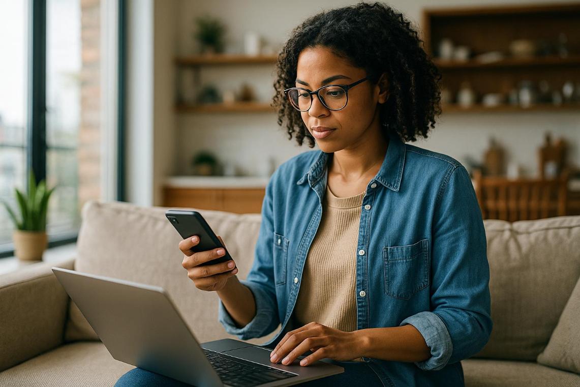 Focused woman multitasking on phone and laptop in bright, cozy modern home.